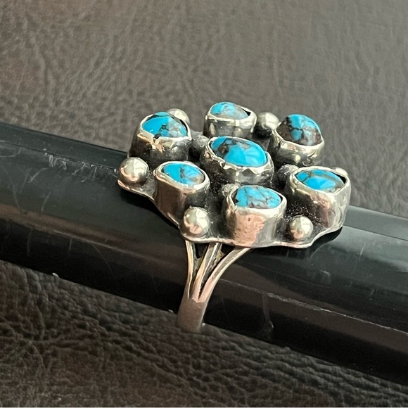 Vintage Turquoise and sterling silver cluster ring - Picture 4 of 10